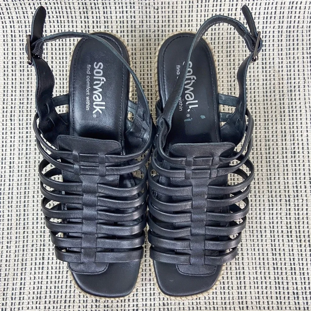 SoftWalk Espadrille Sandals Sz 10.5 Wide Black Leather‎ Coastal Resort Summer